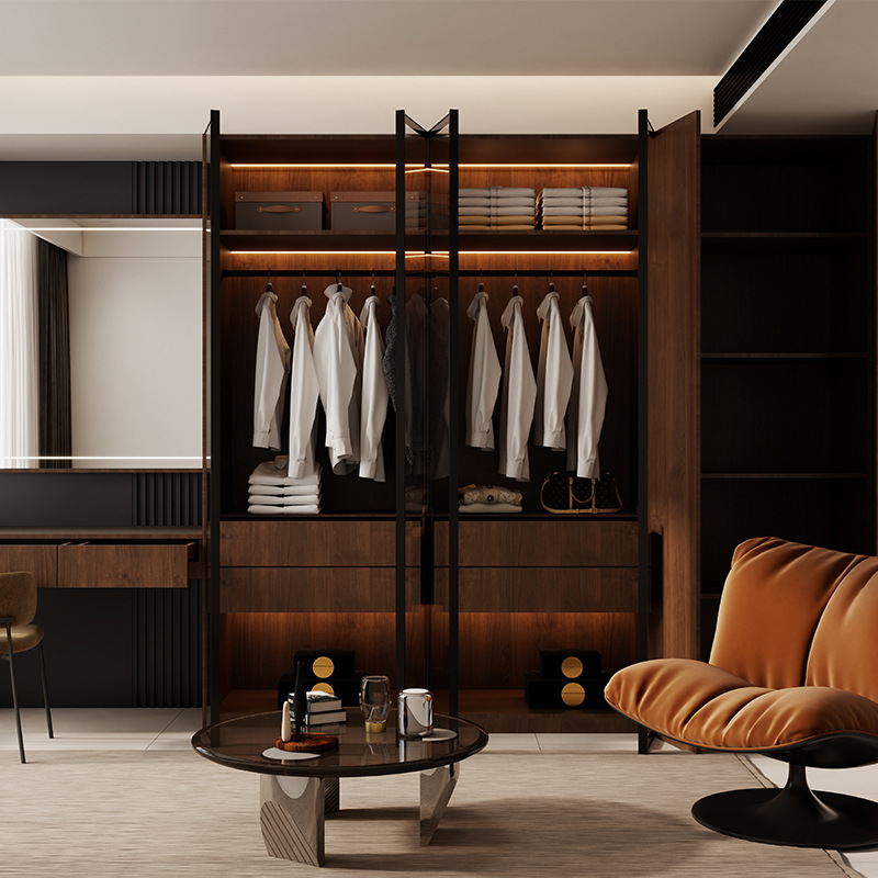 Medieval Style Glass Door Wardrobe Walnut One-Door to the Top Deepened and Thickened Solid Wood Bedroom Wardrobe Whole House Decoration Cabinet