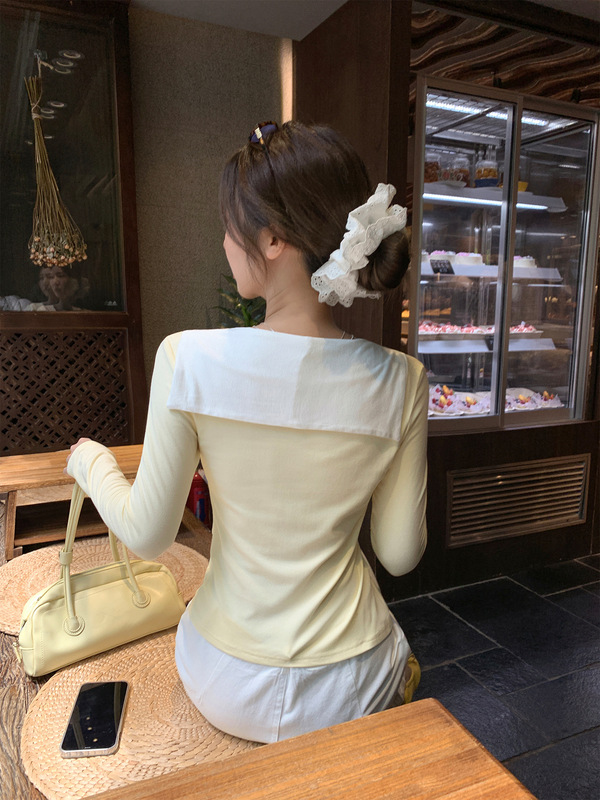 奶白色假两件条纹拼接长袖T恤女2025早秋新款学院风V领打底衫上衣|undefined