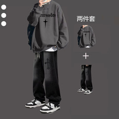 潮流青少年卫衣休闲套装秋冬季男生帅气一套搭配牛仔裤高街两件套