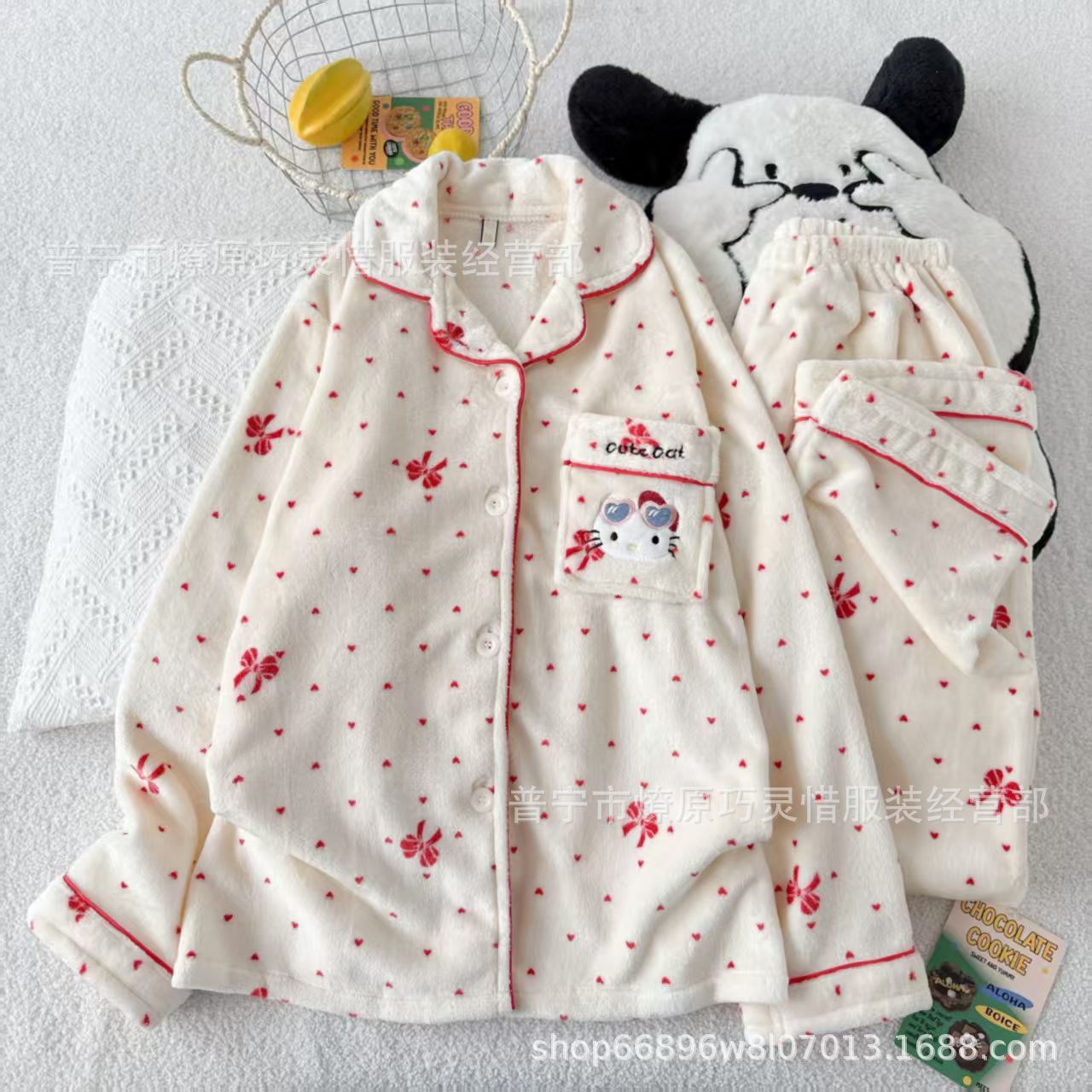 Franela otoño y invierno nueva linda niña caliente y gruesa dulce kitty gato suelto conjunto de pijamas se puede usar fuera