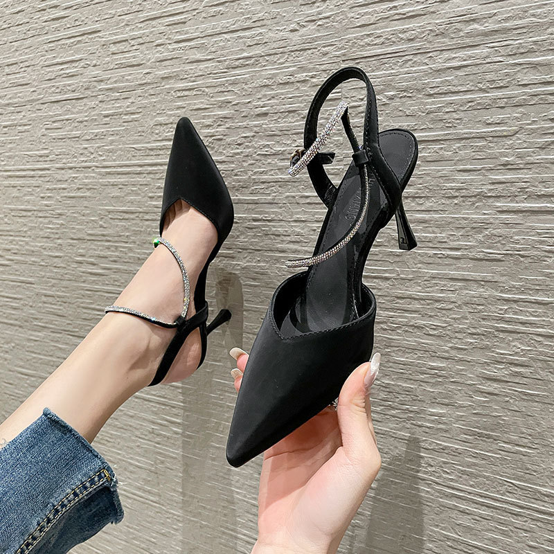 Lianhuaxiang Women's Shoes 2025 High Heel Sandals French Pointed Toe Strap Black Microfiber High Heels Stiletto Heels