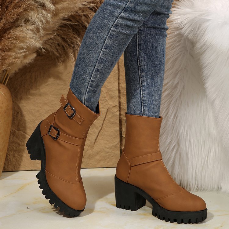 Big size thick heel boots women's autumn and winter fashion belt buckle explosive short boots cotton boots fashion boots_voghion.com
