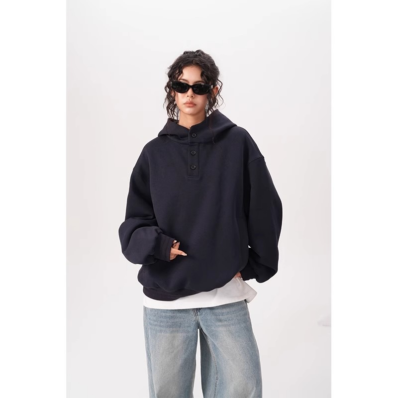 Felpa con cappuccio unisex in stile Hong Kong – Stile streetwear oversize con bottoni (M-3XL, 2 colori)_voghion.com