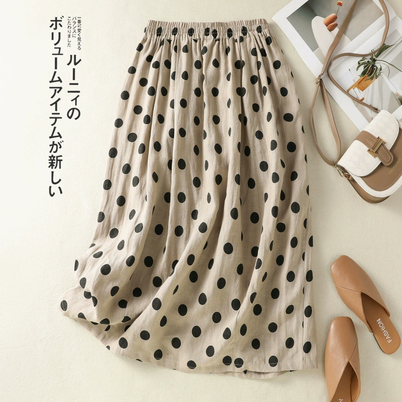 Женская французская хлопково-льняная юбка в горошек, повседневная элегантная, универсальная летняя юбка-бутоны, юбка для стройнящего эффекта 2025