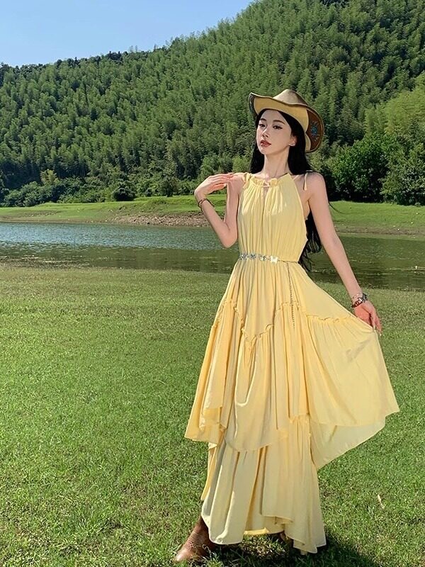 Xinjiang Grassland Travel Outfit: Goose Yellow Halter Neck Strap Dress for Women, Summer High-End Beach Vacation Long Dress