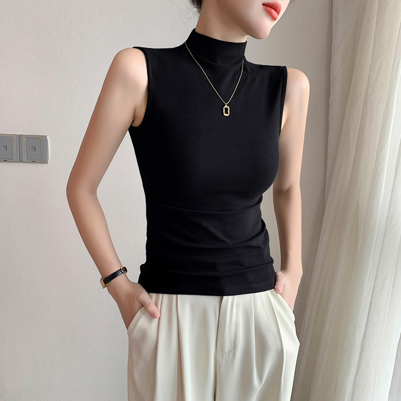 Black Half-High Collar Vest for Women, Summer 2026 New Style, Sleeveless Outerwear, Mid-Collar Knit Top A5404