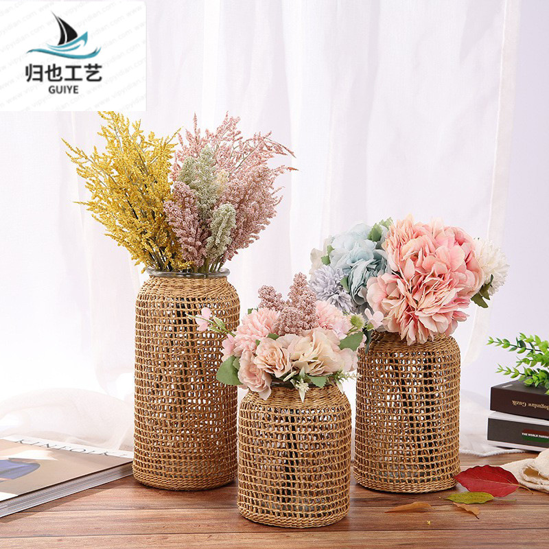 Foreign Trade Nordic Style Handmade Straw Large Mouth Rich Bamboo Hydroponic Glass Vase Home Furnishings