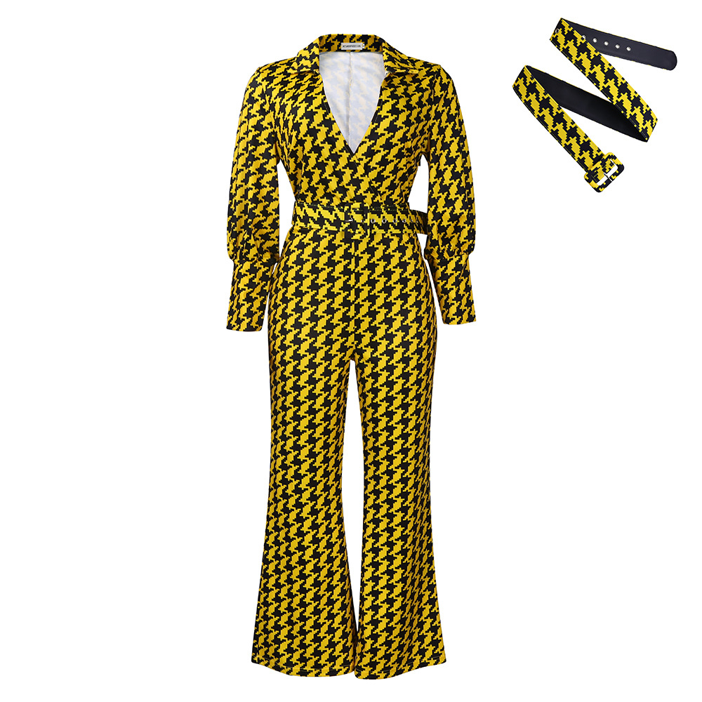 C8559 ropa de mujer transfronteriza 2023 Otoño e Invierno Nuevo cuello en V puff manga cintura apretada impresa pierna ancha más tamaño mono africano