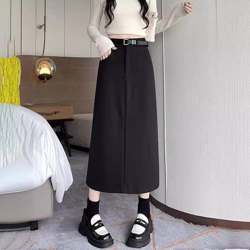 Women's Black Suit Skirt Spring and Autumn High-Waisted Slimming A-Line Skirt with Slits Elegant and Versatile