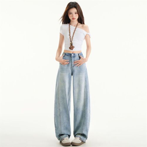 Light Blue Casual Bending Knife Jeans for Women - 2025 Summer New Wide Leg Split Banana Grandma Pants