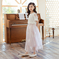 New Korean style mid-length sleeved top for middle-aged and older children, mesh splicing skirt, mid-length princess dress wholesale