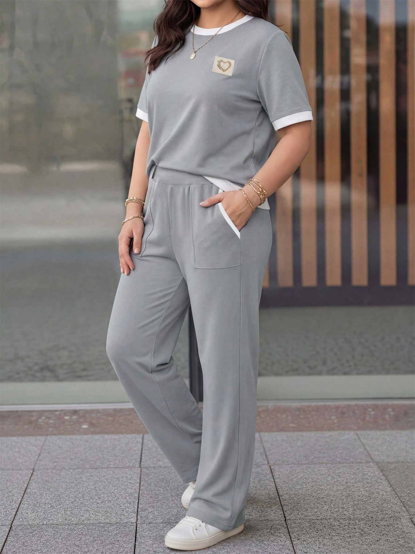 Women's Fashion Casual Color Block T-Shirt And Drawstring Elastic Waist Straight Leg Pants Two Piece Set European American Style_ecoleips.com