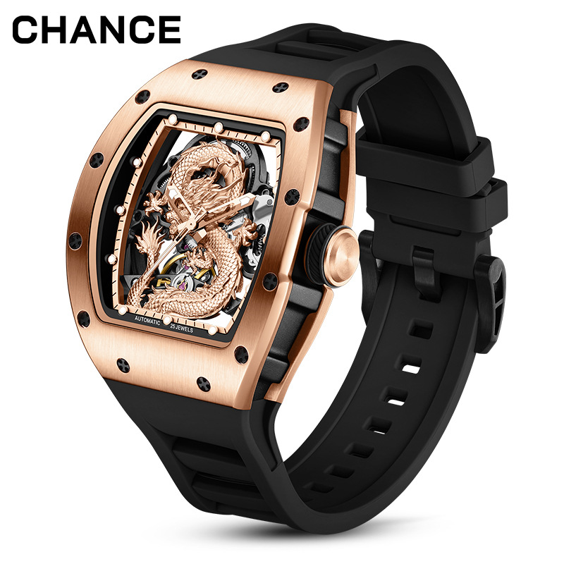Charles Chance Chinese Dragon National Style Barrel-Shaped Automatic Mechanical Transparent Bottom Cut Out Waterproof Watch 919015