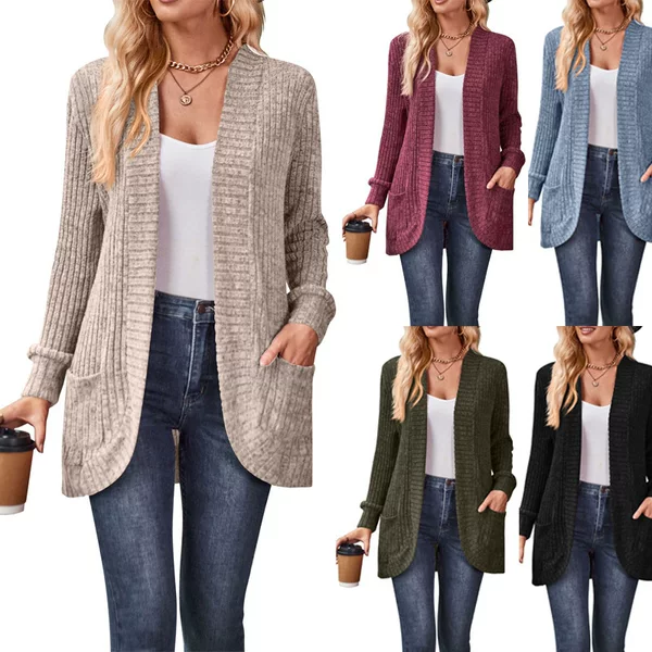 25 Cross-Border New Products Amazon Hot-Selling Solid Color Ribbed Brushed Casual Patchwork Long-Sleeve Cardigan Jacket Japanese and Korean Casual Style