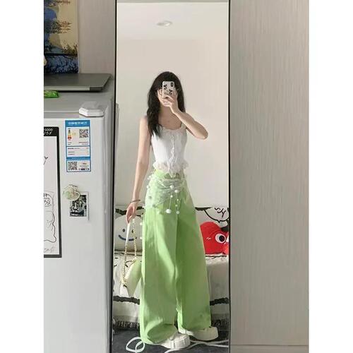 Apple Green Wide Leg Denim Pants for Women 2025 Spring Early Casual Flowy Slim Fit Straight Leg Ground-Length Pants Ins Trendy