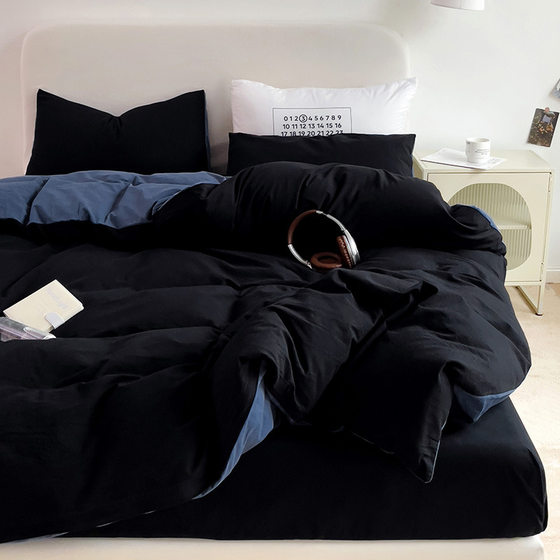 Nordic style simple color matching cotton four-piece set black and blue contrast color simple style comfortable bed sheet quilt cover dormitory three-piece set