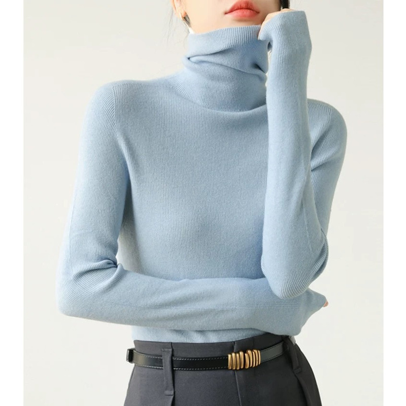 Thickened Seamless High Collar Wool Knitted Base Shirt Women's Autumn and Winter Slim-fit High-end Pile Collar Blue Sweater Thickened Seamless High Collar Wool Knitted Base Shirt Women's Autumn and Winter Slim-fit High-end Pile Collar Blue Sweater
