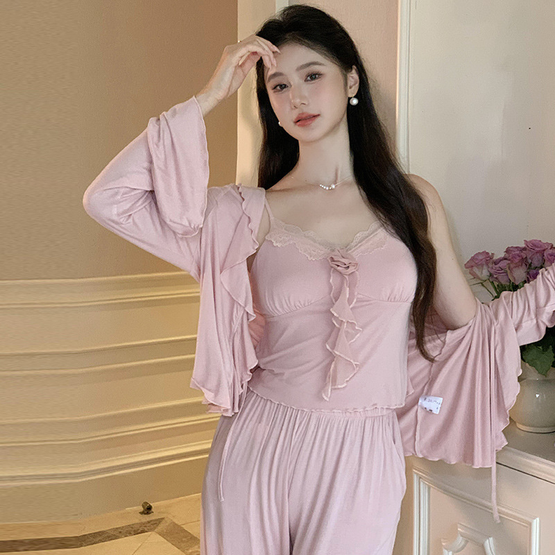 法式睡衣女胸垫女三件套春秋温柔浪漫开衫宽松套装家居服可外穿|undefined