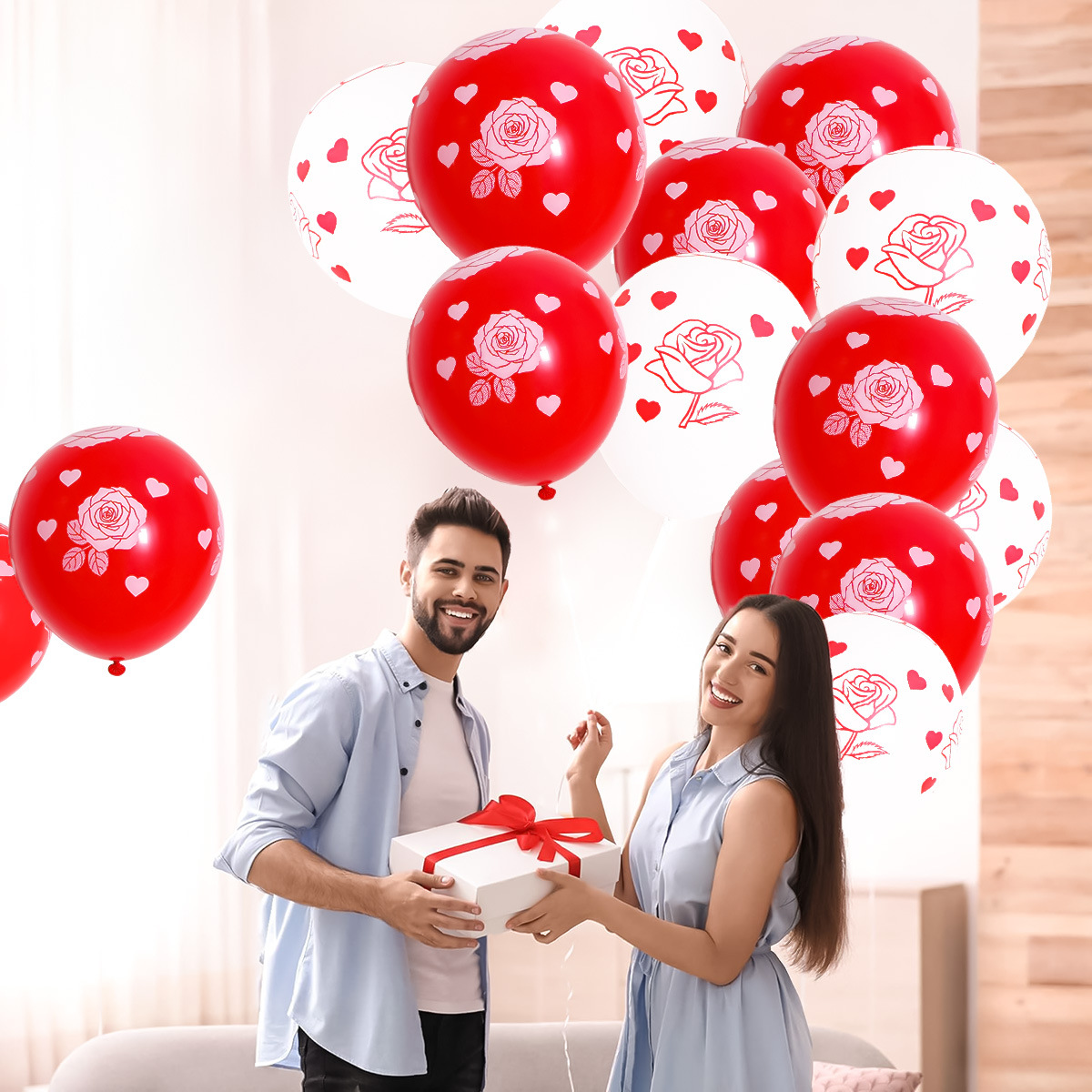 Nuevo 25 años de globo de látex del día de San Valentín decoración de bodas de 12 pulgadas flores rojas y blancas en forma de corazón globo de látex al por mayor