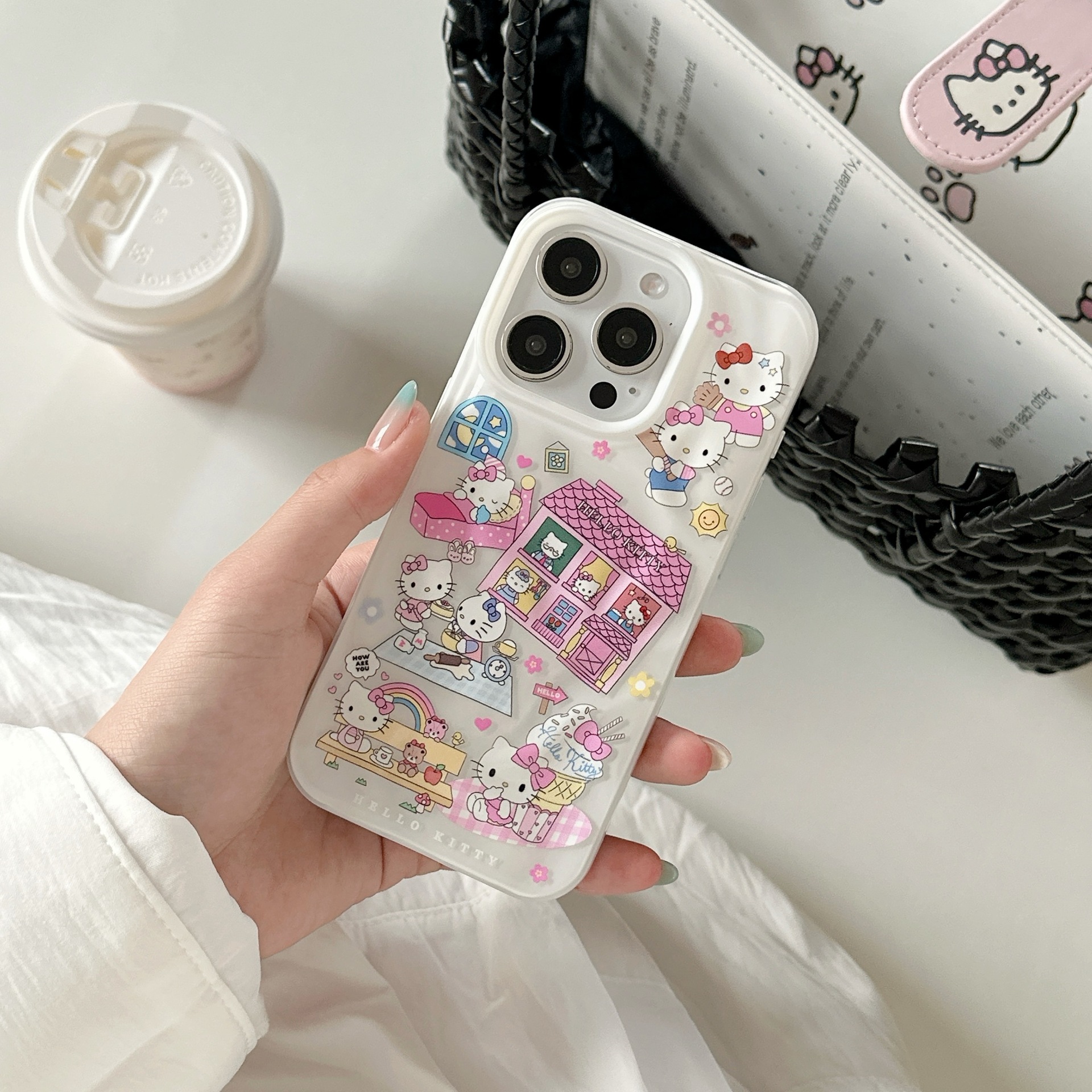 Dibujos animados lindo gato KT ilustración para iPhone16 funda para teléfono móvil 15ProMax chica 14/13 pareja 16PM