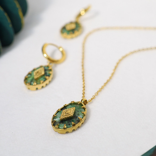 Foreign trade African turquoise pendant earrings and necklace set European and American INS style 18K gold-plated titanium steel retro earrings for women