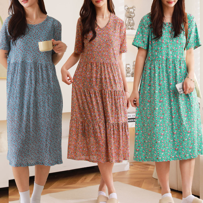 Korean Style dress Round Neck Comfortable Nightdress Women's Casual Fresh Pleated Short Sleeve Floral dress Slimming Long Dress Korean Style dress Round Neck Comfortable Nightdress Women's Casual Fresh Pleated Short Sleeve Floral dress Slimming Long Dress