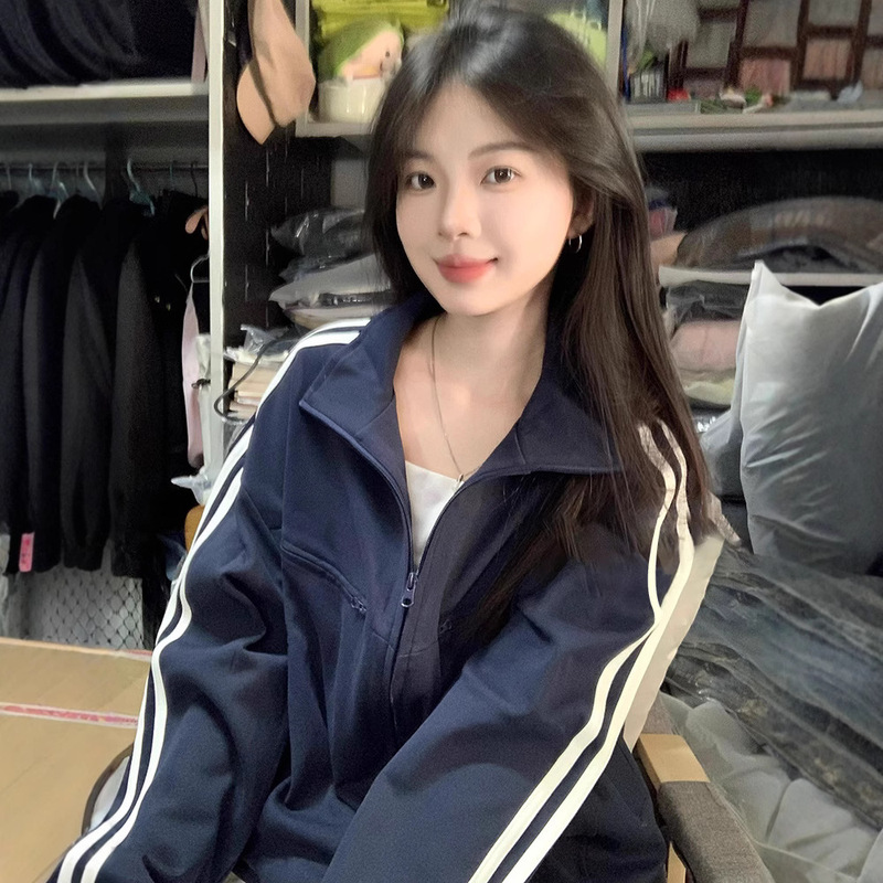 Jimo Sweatshirt Top Spring and Autumn Short Jacket for Women 2026 New Model Three-Stripe Baseball Jacket Sports Korean Style Jacket