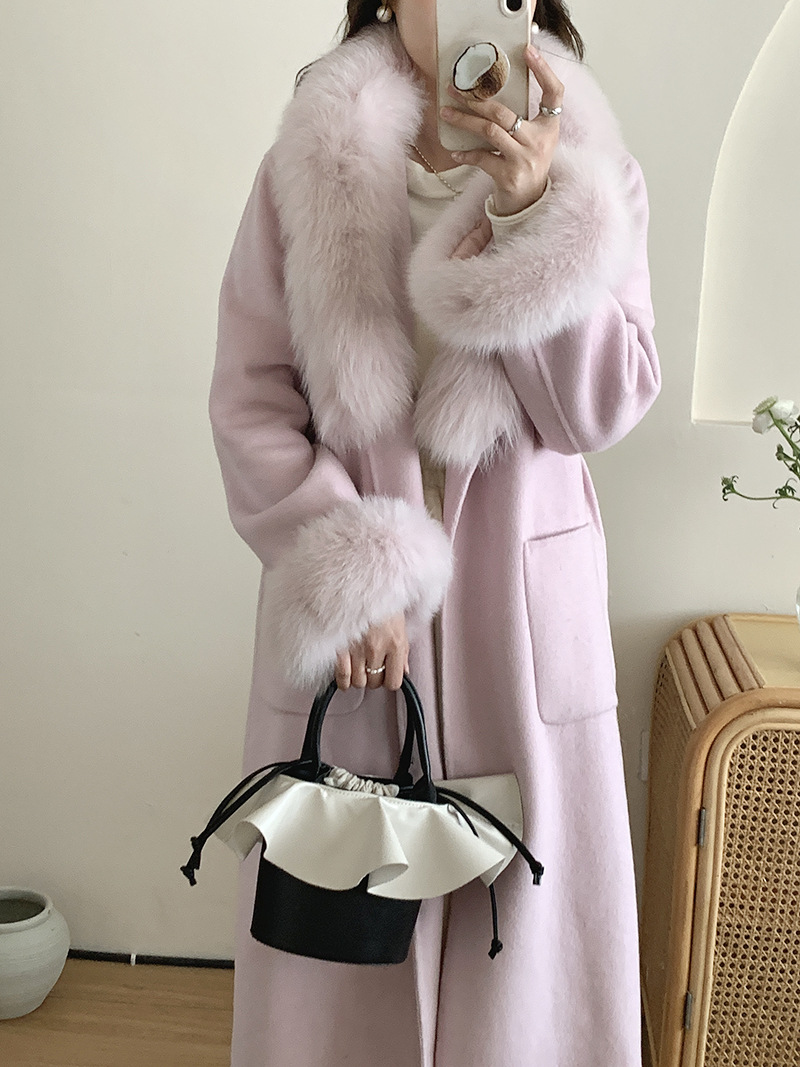 Winter Women Genuine Fox Fur Collar Sleeve With Belted Overcoat