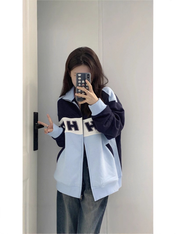 春秋薄款小众撞色oversize卫衣女小个子开衫拉链美式复古慵懒外套|undefined