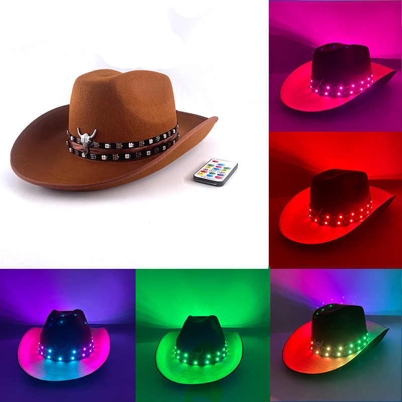 De Halloween nacarado sombrero FIESTA DE Carnaval LED inalámbrico fluorescente colorido Denim luminoso sombrero láser colorido sombrero de vaquero