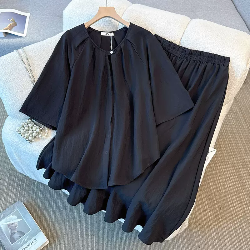 130-350斤大码女装胖mm夏季新款时尚简约短袖T恤高腰半身裙两件套