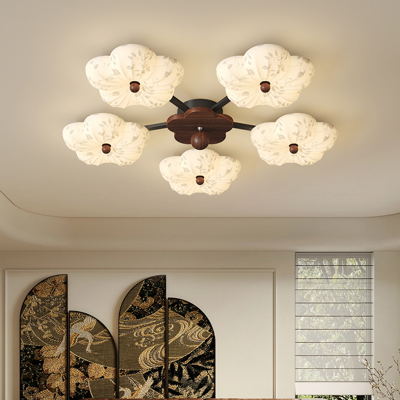 Estética de la dinastía Song Flor Lámpara de sala de estar Color de madera de nogal Nuevo estilo chino Retro Wabi-Jifeng Cálido y romántico Lámpara de techo de dormitorio