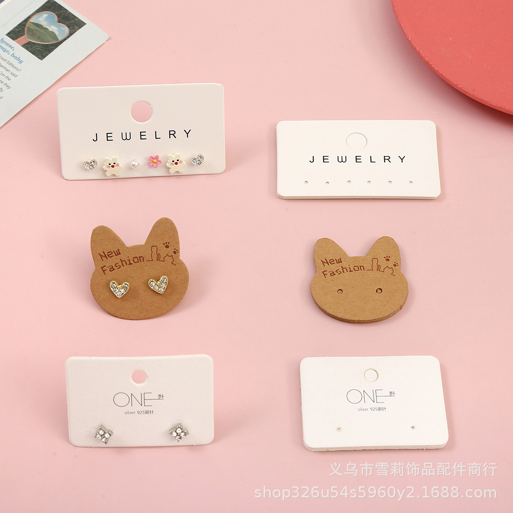 可爱卡通猫咪头耳钉卡片一字型六孔耳钉耳饰小卡纸一对装耳环纸卡