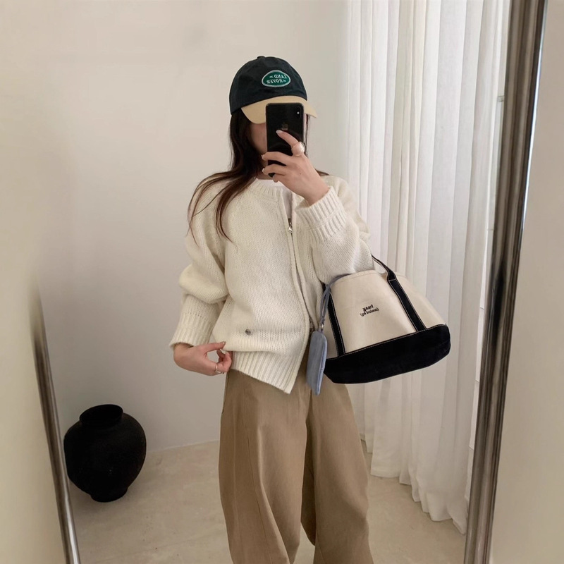慵懒风双拉链毛衣外套女2025秋冬马海毛贝壳标简约韩系针织开衫潮|undefined
