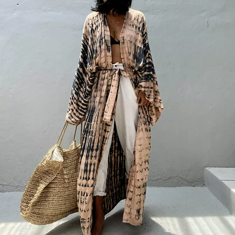 亚马逊跨境欧美黑白扎染开衫沙滩裙比基尼罩衫泳衣外搭度假防晒衣
