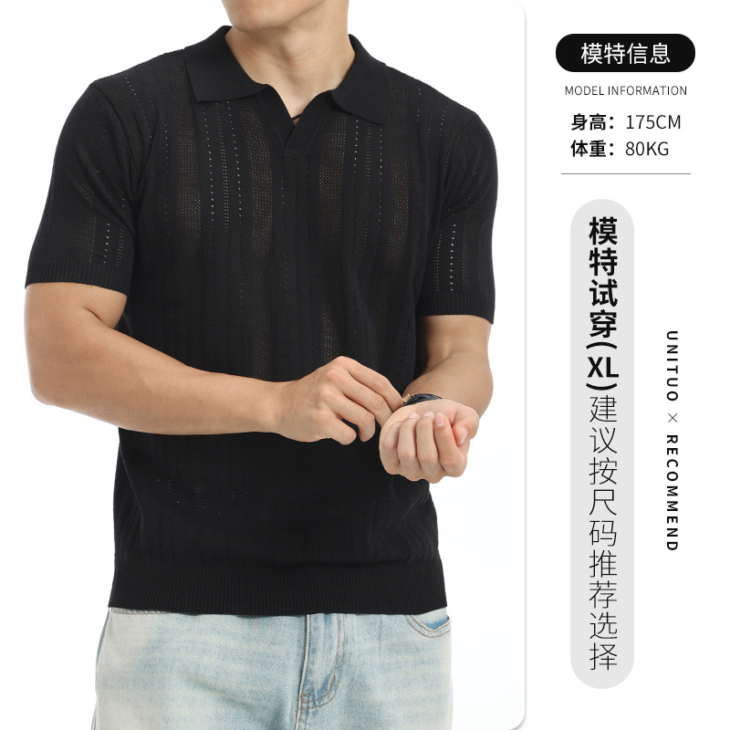 2026 verano nuevo hombre agujero rayas polo camisa de punto con solapa de manga corta europea y americana explosión de negocios casual hombre