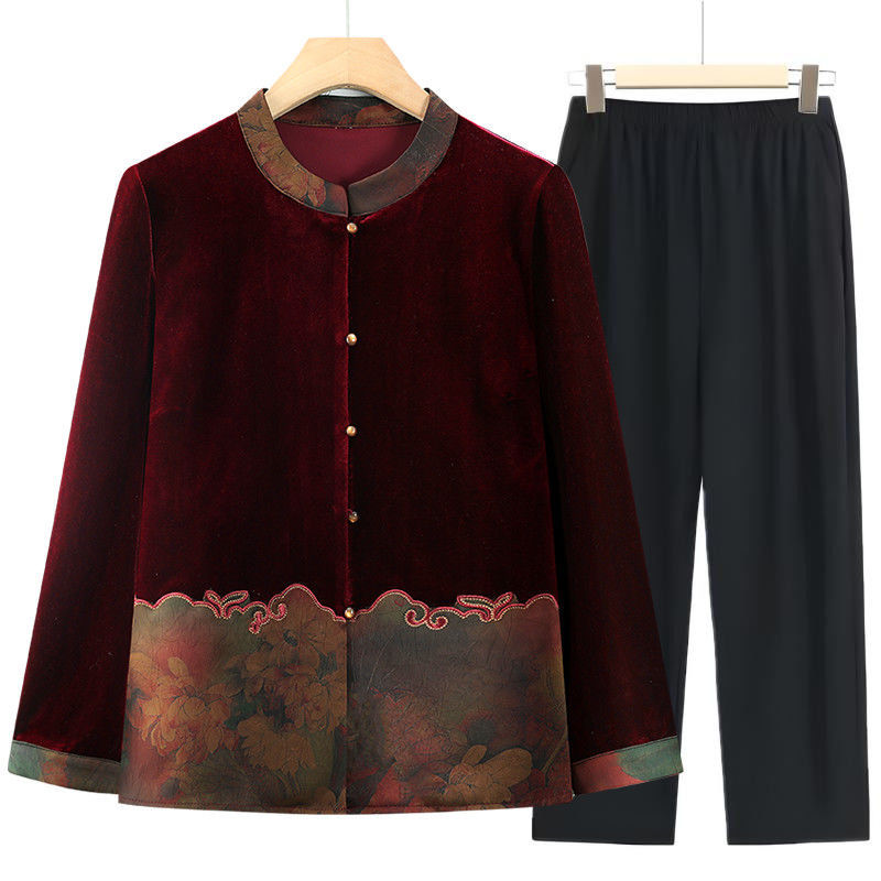 中老年女装时尚奶奶厚衬衫春秋装老人长袖厚衬衣宽松金丝绒外套