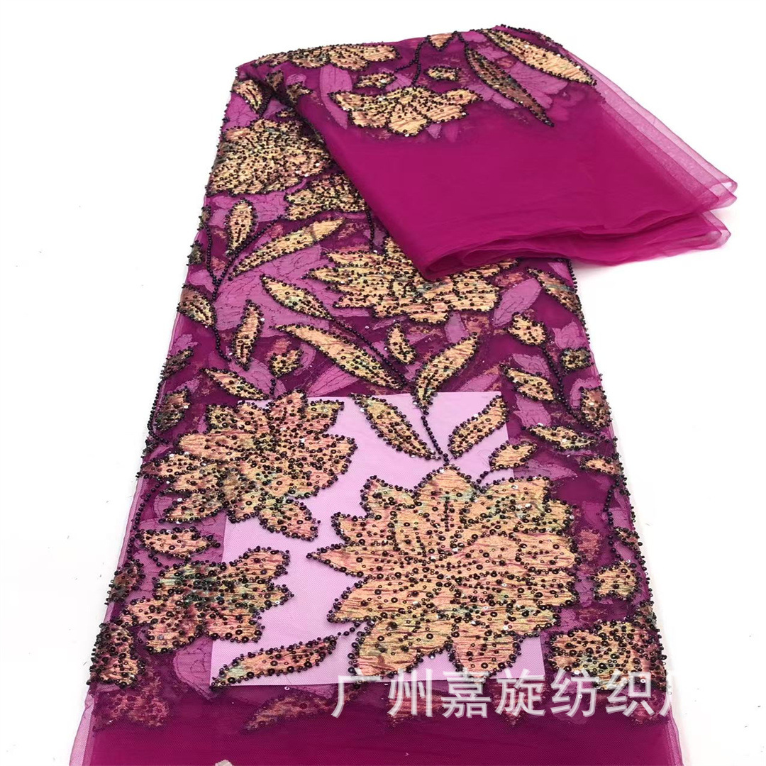 Nuevo oro estampado en relieve flor tubo de perlas sequinado bordado tela de malla vestido de moda turco tela de traje