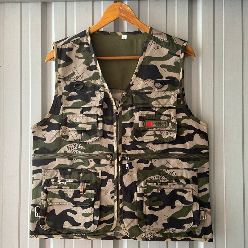 Chaleco de camuflaje multi-bolsillo al aire libre Chaleco de los hombres de mediana edad y ancianos más el tamaño ropa de trabajo Chaleco de pesca delgada primavera y otoño de los hombres