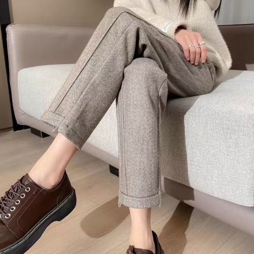 Women's Autumn/Winter New Arrival High-Waisted Loose Slimming Plaid Thickened Nine-Foot Wool Trousers