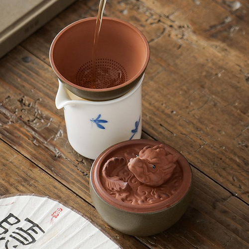 Dragon Egg Tea Strainer Set: Tea Infuser, Tea Separator, Year of the Dragon Mascot Tea Pet, Purple Clay Tea Strainer for Tea Tables