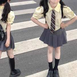 学院风女童夏季套装2024新款时髦洋气jk制服儿童百褶短裙领带学生
