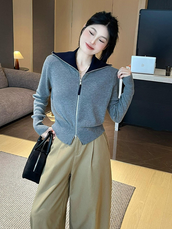 韩系白色海军领拉链针织开衫外套秋季新款女装设计感外穿长袖上衣|undefined
