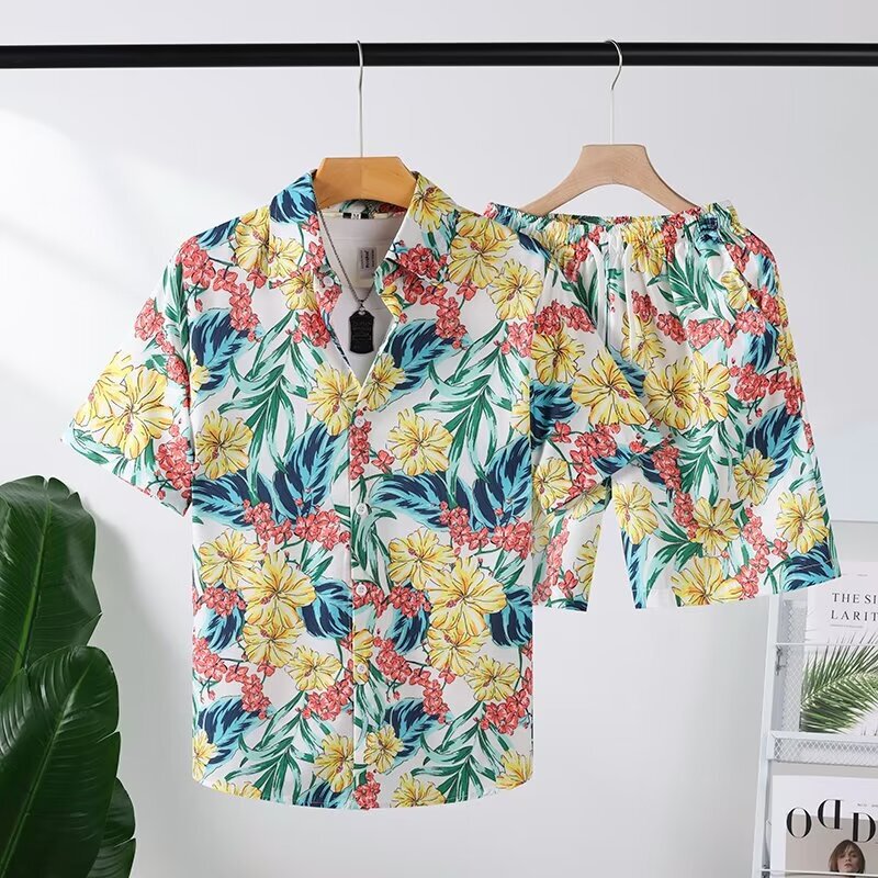 Value Two-piece Casual Sports suit Men's Loose Beach Shorts plus size Plant Shirt Couple's Trendy Class Clothes