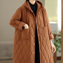 琪镌绘制冬季新款中长款棉服女菱形格薄款棉衣连帽休闲棉袄81629