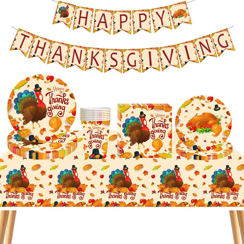 New Thanksgiving Tableware suit Tissue Dinner Plate Paper Cup Turkey Maple Leaf Pumpkin Birthday Party Decoration