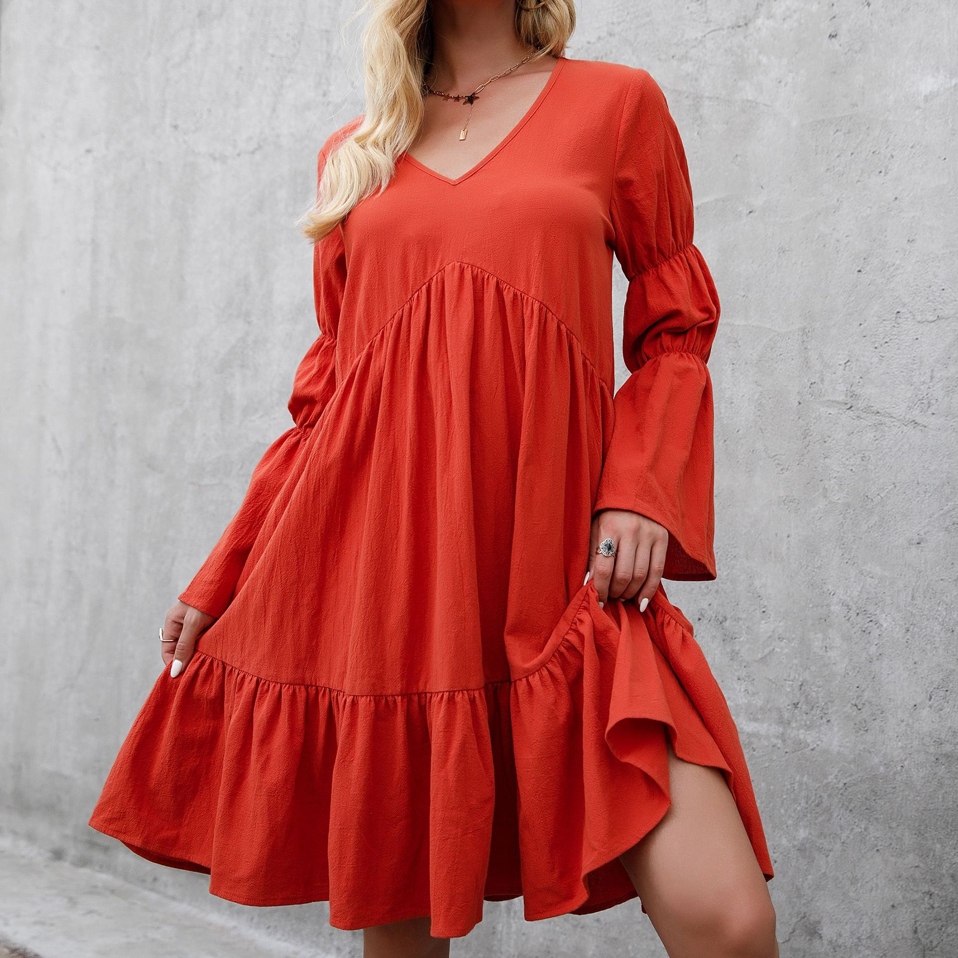 Fashion Solid Color V Neck Long Sleeve Ruffles Cotton Dresses Above Knee A-line Skirt display picture 10