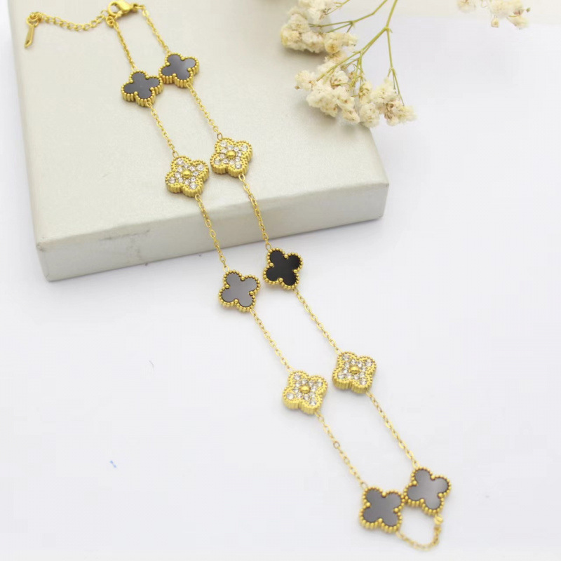 Popular Cross-Border 10-Flower Diamond Double-Sided 13mm Stainless Steel Four-Leaf Clover Clavicle Chain for Women, Fashionable and Versatile, High-End Mother-Of-Pearl