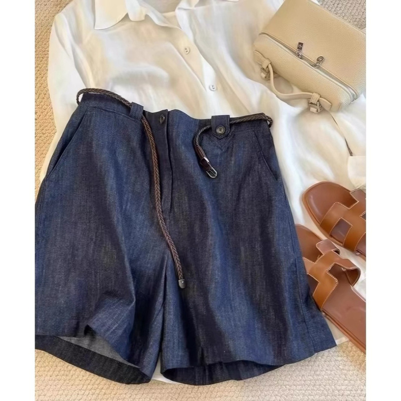 Magic pants, a sensation that's addictive!!! Dark blue linen denim women's high-waisted slightly wide-leg cotton-linen shorts Magic pants, a sensation that's addictive!!! Dark blue linen denim women's high-waisted slightly wide-leg cotton-linen shorts