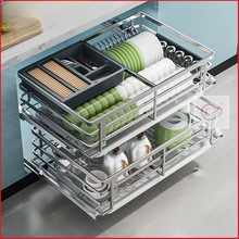 304不锈钢拉篮厨房橱柜双层抽屉式家用新中式碗架碗碟篮碗柜厨柜